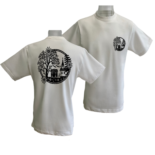 Weisses T-Shirt Model mit Scherenschnitt Design